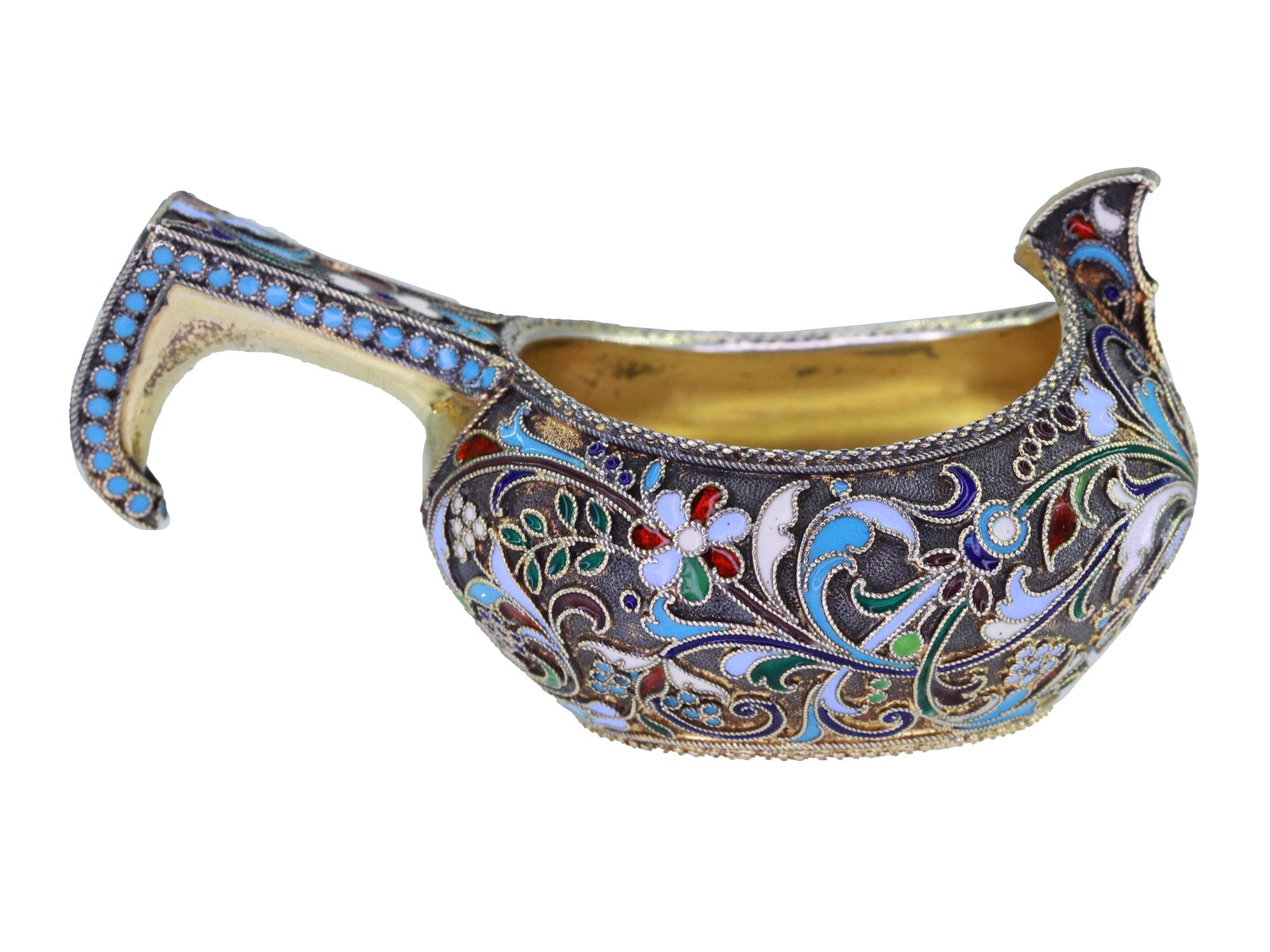 ANTIQUE RUSSIAN GILT SILVER CLOISONNE KOVSH LADLE PIC-1